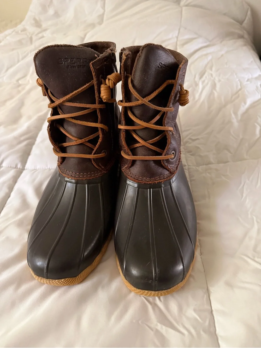 Sperry Brown Leather and Dark Green Waterproof Duck Boots with Tan Soles